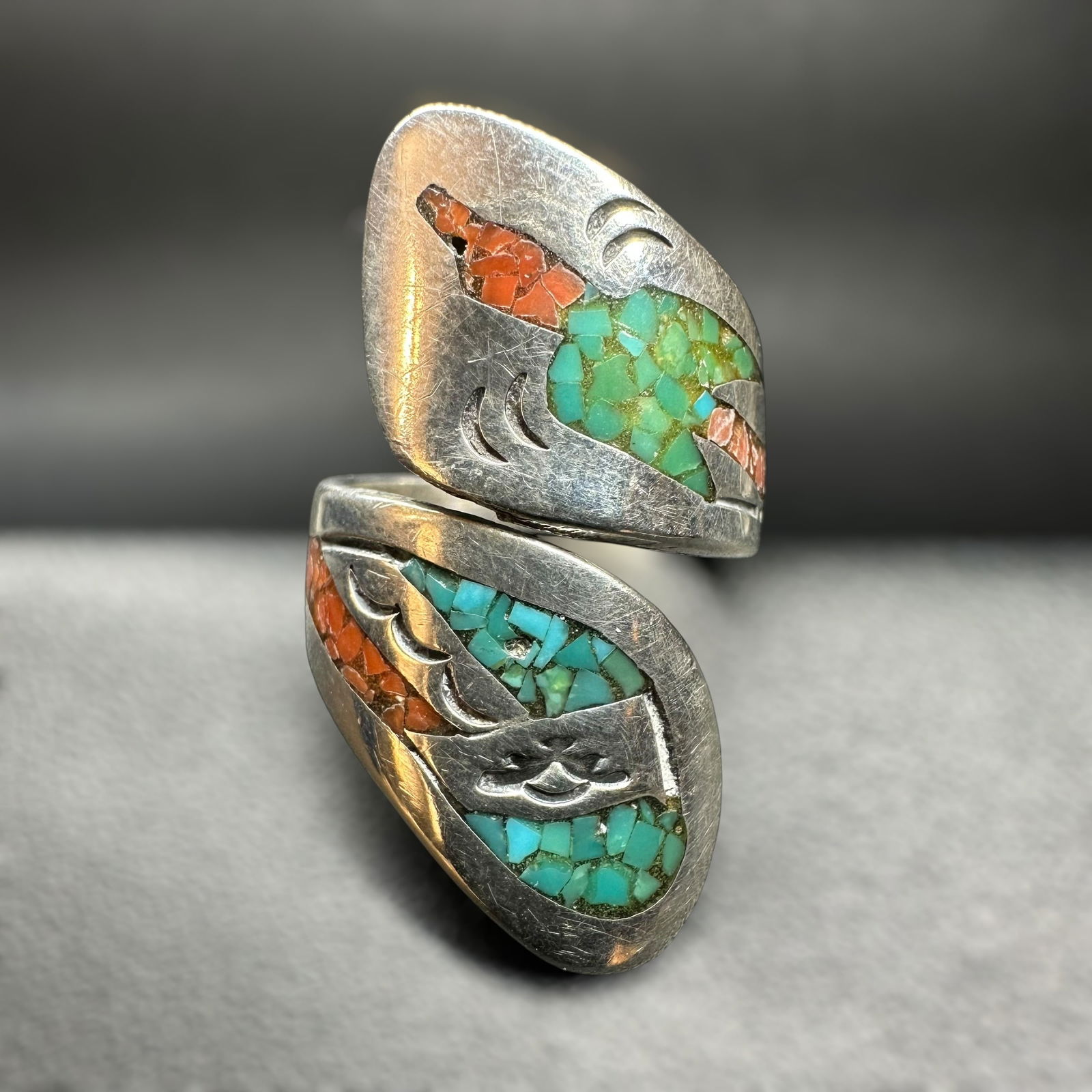 Sz5/7g Native American Zuni Sterling Silver Turquoise Coral Ring (1 of 8)