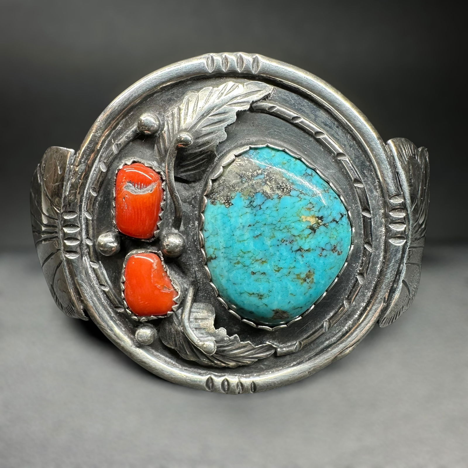 6"/44g Native American Sterling Silver Turquoise Coral Cuff Bracelet (1 of 10)