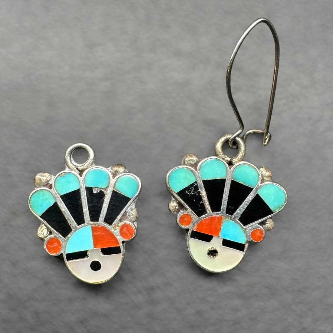 3g Native American Zuni Sterling Silver Turquoise Coral Onyx Mother of Pearl Inlay Earrings (1 of 7)