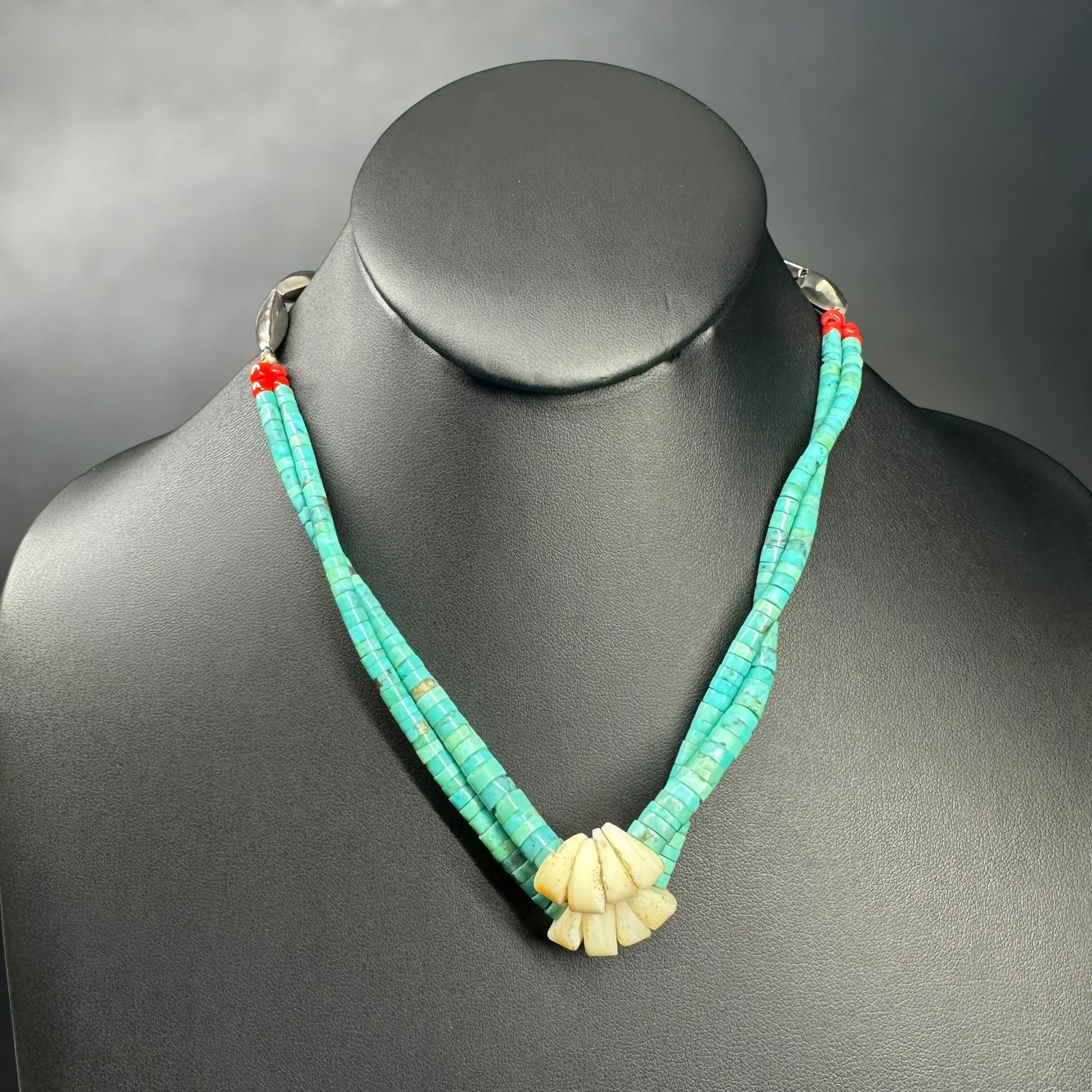 15”/24g Native American Sterling Silver Double Strand Turquoise Heishi Shell Necklace (1 of 8)