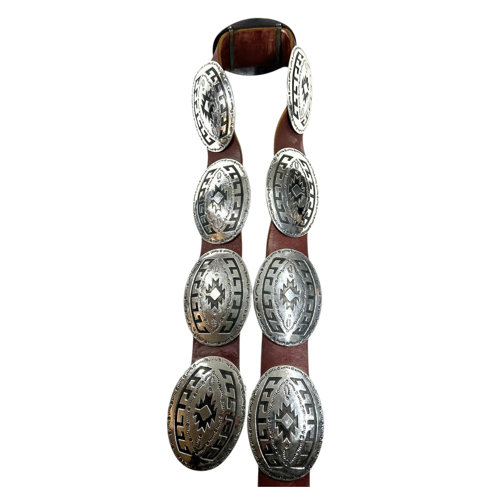 40"/657g Native American Sterling Silver Concho Belt - Hallmark "JN": 40"/657g Native American Sterling Silver Concho Belt - Hallmark "JN":Brand/Model: Hallmark; "JN" Unidentified. Native American silversmith.Manufacturer Location: Native American; likely Southwestern U