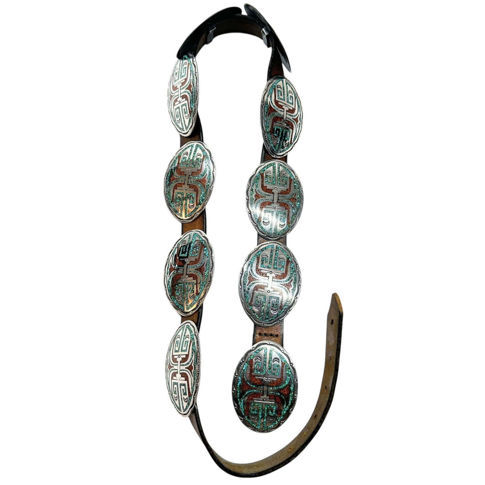 37"/409g Native American Zuni Sterling Silver Turquoise Coral Inlay Concho Belt: 37"/409g Native American Zuni Sterling Silver Turquoise Coral Inlay Concho Belt:Brand/Model: No Hallmark.Unknown. Native American; Zuni design. Manufacturer Location: Not marked.Year Produced: Unknown