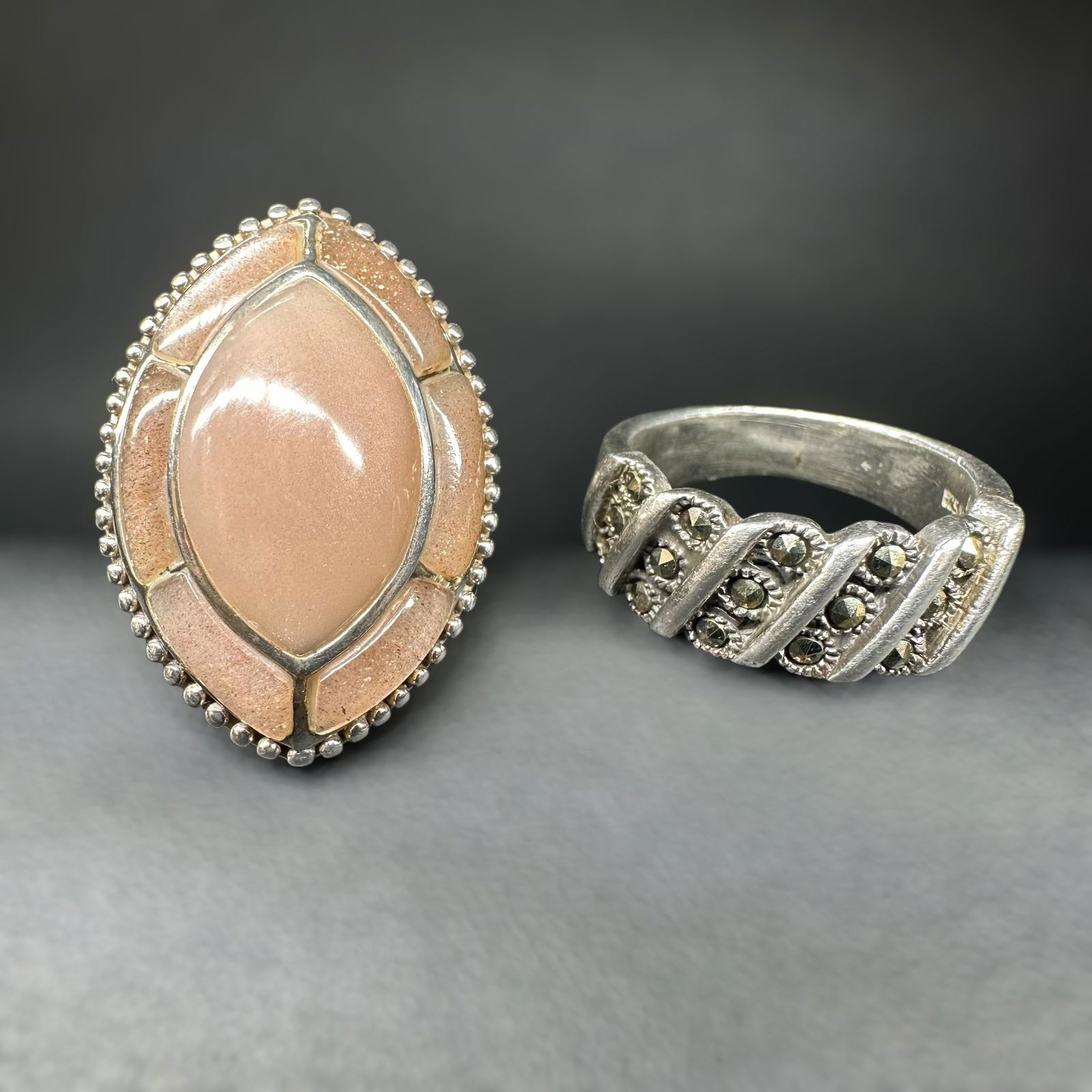 Sz6.75/Sz4.75/13g Sterling Silver Pink Stone Ring & Marcasite Band Ring Lot (1 of 14)