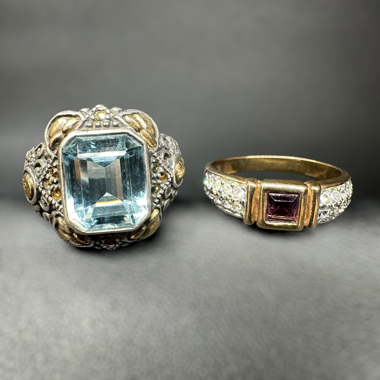 Sz9.5/Sz10/12g Sterling Silver Faceted Amethyst & Light Blue Faceted Stone Ring Lot: Sz9.5/Sz10/12g Sterling Silver Faceted Amethyst & Light Blue Faceted Stone Ring Lot:Brand/Model: Unknown brand; mixed styles.Manufacturer Location: Not marked.Year Produced: Unknown; likely late 20th 
