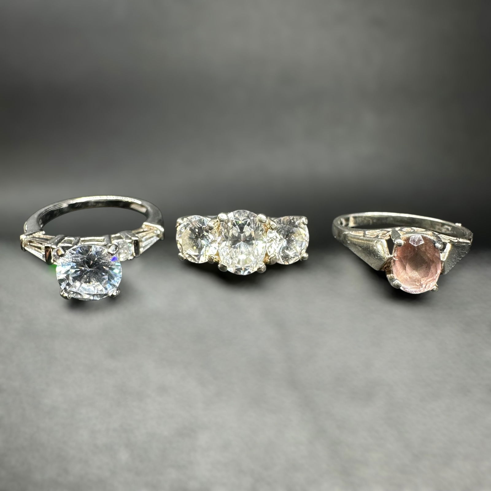 Sz5/Sz5/Sz6/9g Sterling Silver Faceted Cubic Zirconia & Faceted Pink Gemstone Ring Lot (1 of 10)