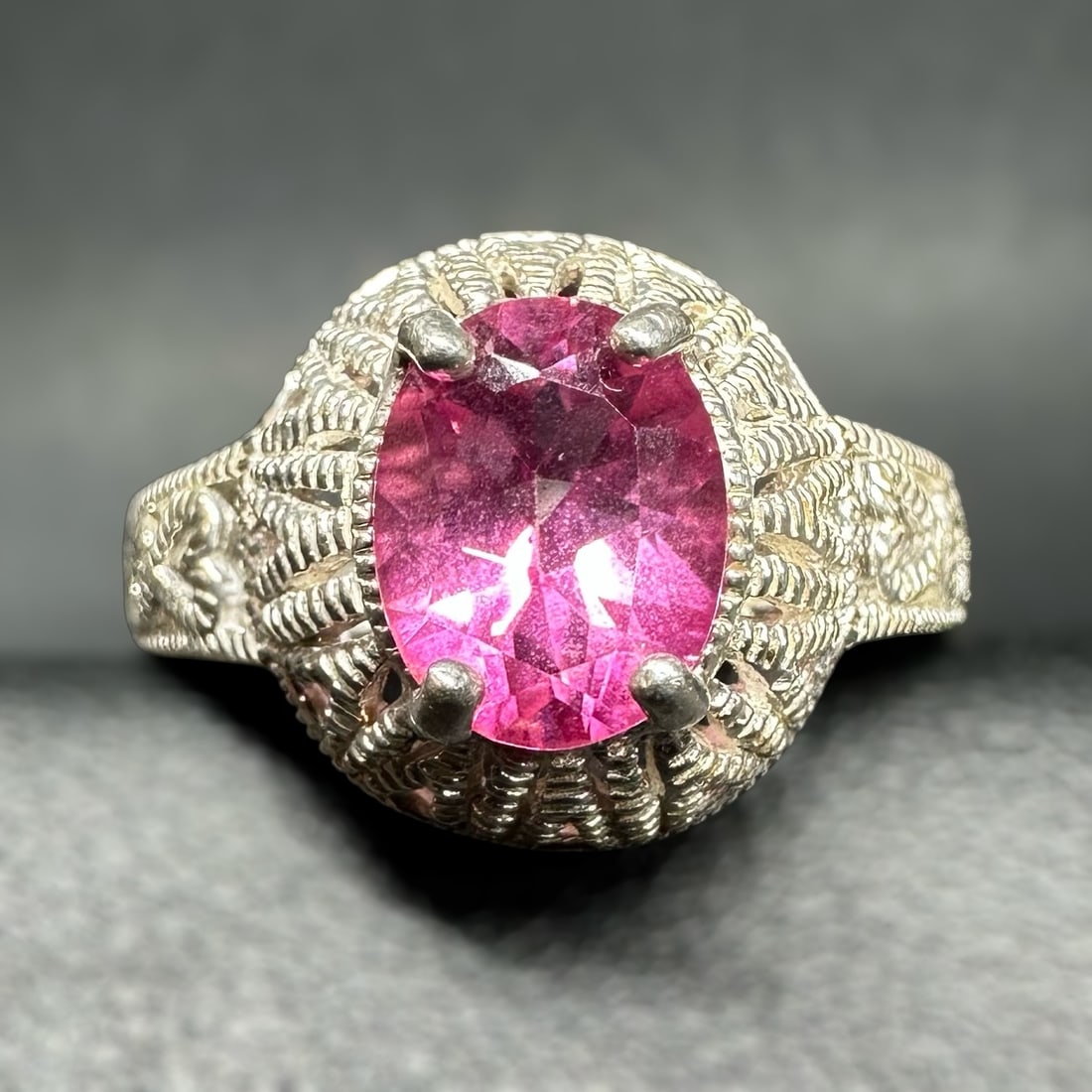 Sz7.7 /925 Sterling Silver Faceted Pink Stone Ring (1 of 10)