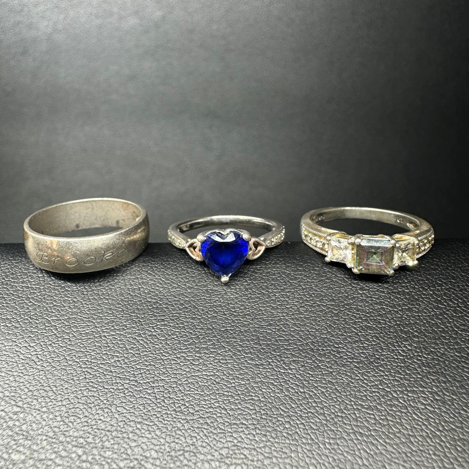 Sz8/Sz6.5/Sz6.75/10g Sterling Silver Band, Faceted Rainbow Stone & Sapphire Ring Lot (3) (1 of 15)