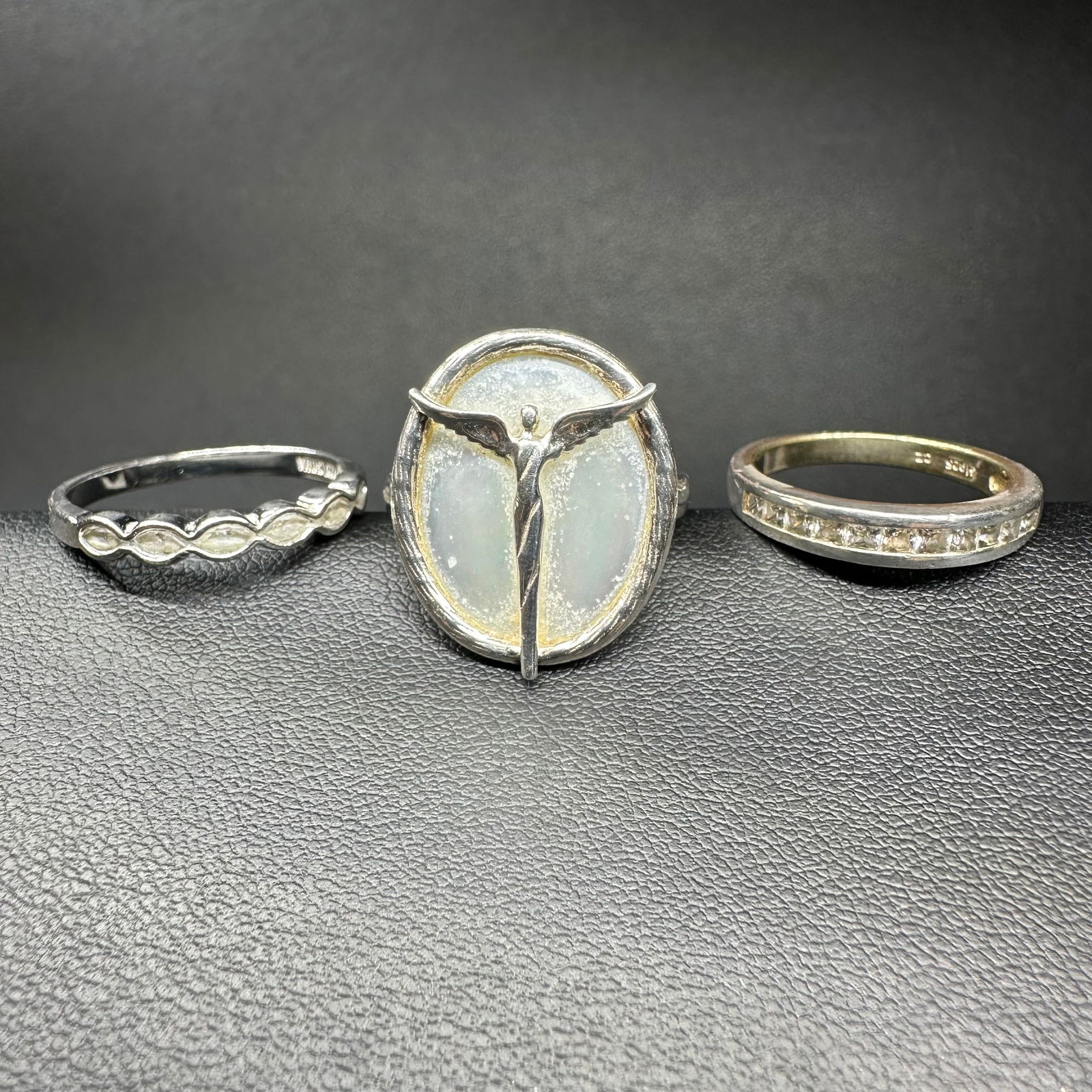 Sz6.75/Sz8/Sz8.5/8g Lavaggi 925 Sterling Silver Mother of Pearl Ring & Faceted CZ Bands Set (1 of 15)