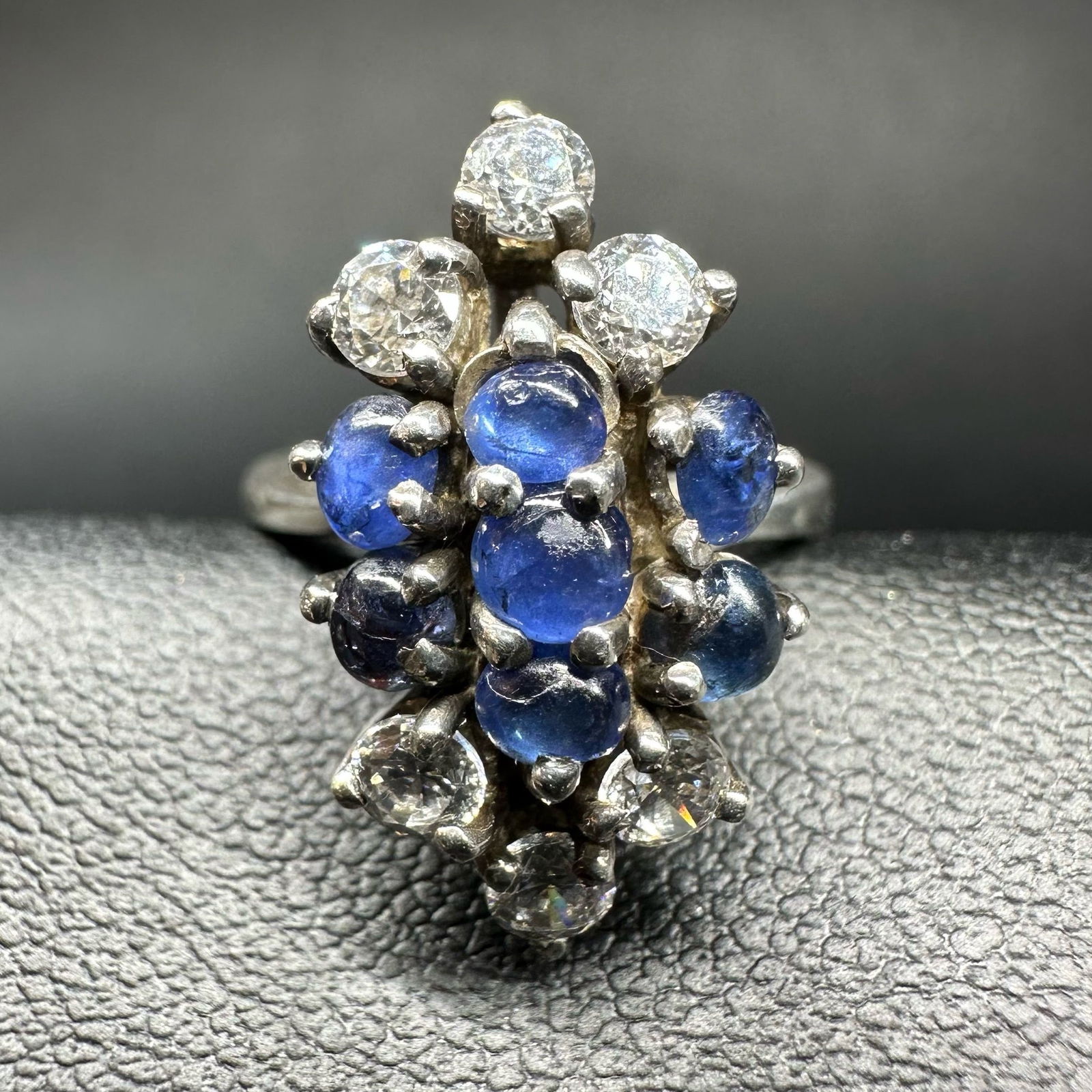 Sz6/3g Sz6/3g Sterling Silver Blue Stone & Faceted Cubic Zirconia Cocktail Ring: Sz6/3g Sz6/3g Sterling Silver Blue Stone & Faceted Cubic Zirconia Cocktail Ring:Brand/Model: No hallmark.Manufacturer Location: Mexico.Year Produced: Unknown.Condition: Overall good vintage condition