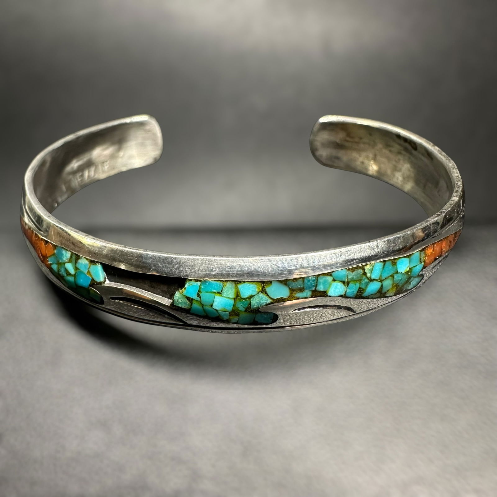 6.25"/14g Native American Navajo Jimmie Nezzie Turquoise Coral Chip Inlay Cuff Bracelet (1 of 10)