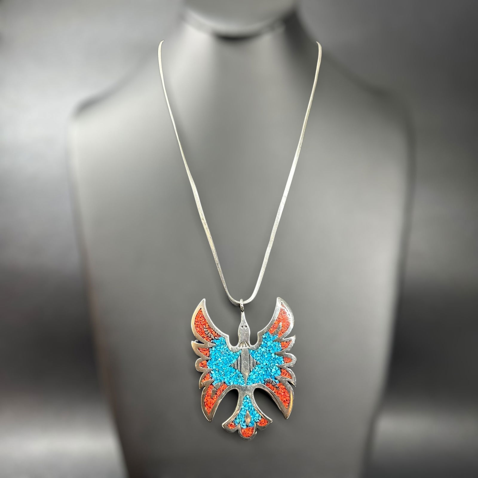 20"/40g Native American Zuni Sterling Silver Turquoise Coral Chip Thunderbird Pendant Necklace: 20"/40g Native American Zuni Sterling Silver Turquoise Coral Chip Thunderbird Pendant Necklace:Brand/Model: No hallmark. Unknown Native American silversmith.Manufacturer Location: Not marked.Year Prod