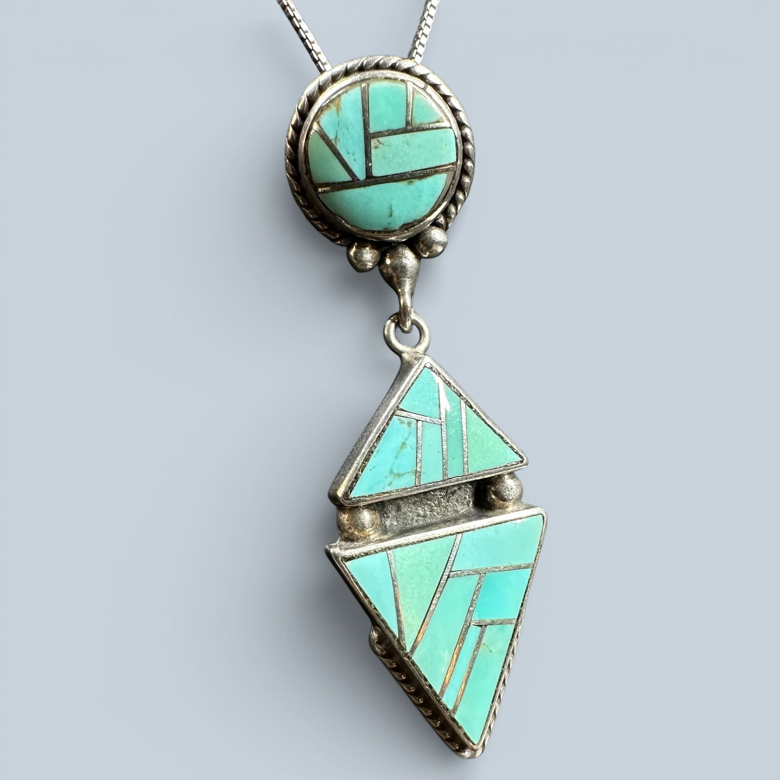18”/9g Native American Zuni 925 Sterling Silver Turquoise Inlay Drop Pendant Necklace (1 of 11)
