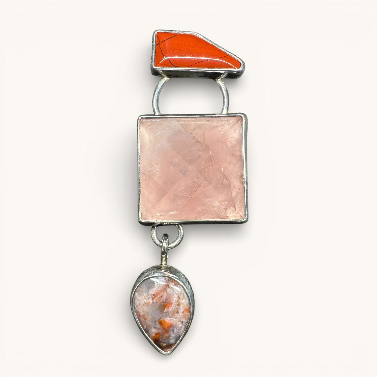 14g Signed Kim Crocker Sterling Silver Red Jasper Rose Quartz & Agate Pendant/Brooch: 14g Signed Kim Crocker Sterling Silver Red Jasper Rose Quartz & Agate Pendant/Brooch:Brand/Model: Signed; Kim Crocker. Kim Crocker Designs.Manufacturer Location: Not marked.Year Produced: Unknown. Kim