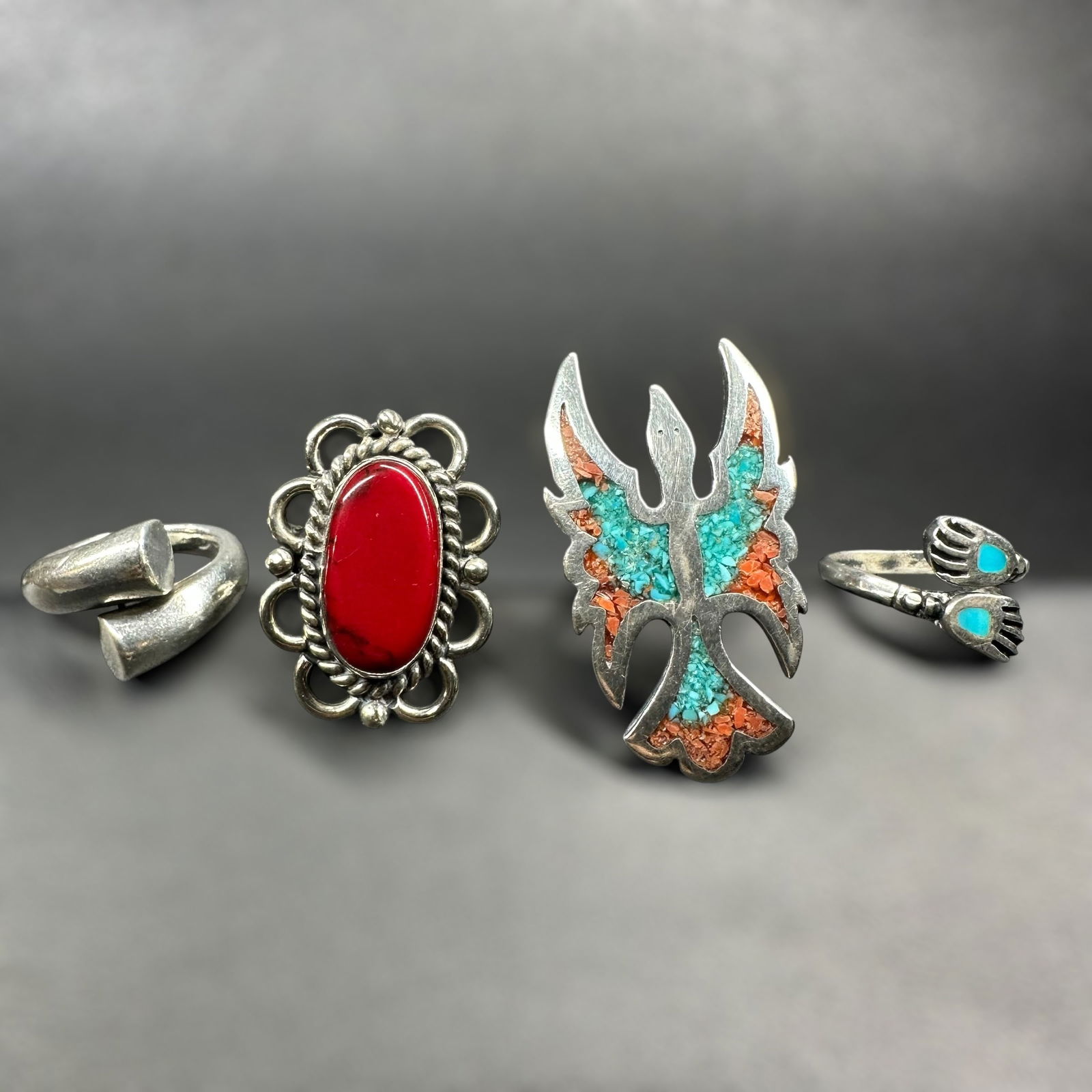 40g Native American 925 Sterling Silver Turquoise Coral Inlay Thunderbird Ring Lot - 4 Pc (1 of 19)