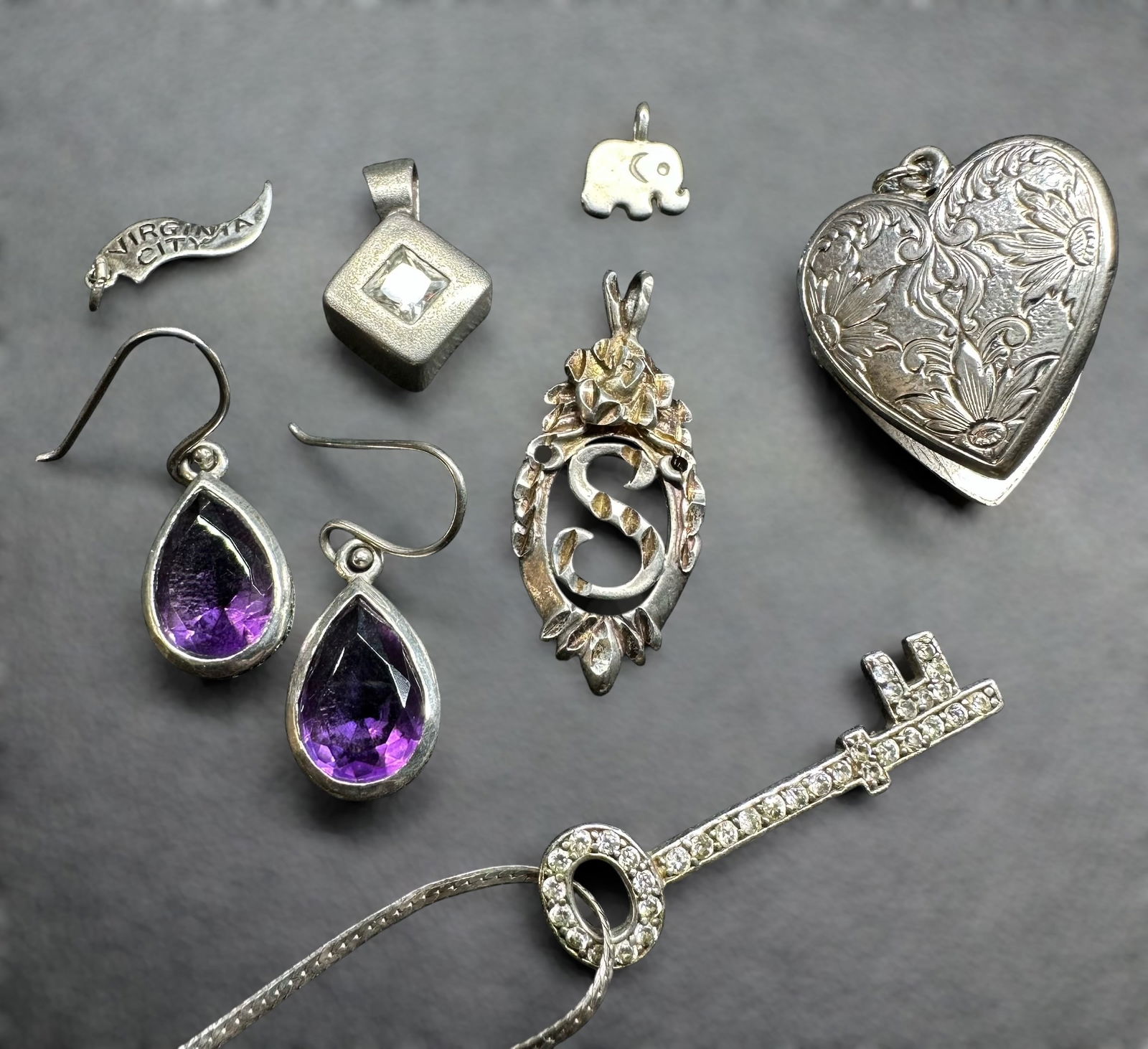 7”/19g 925 Sterling Silver Pendants & Faceted Amethyst Earrings Lot (1 of 19)