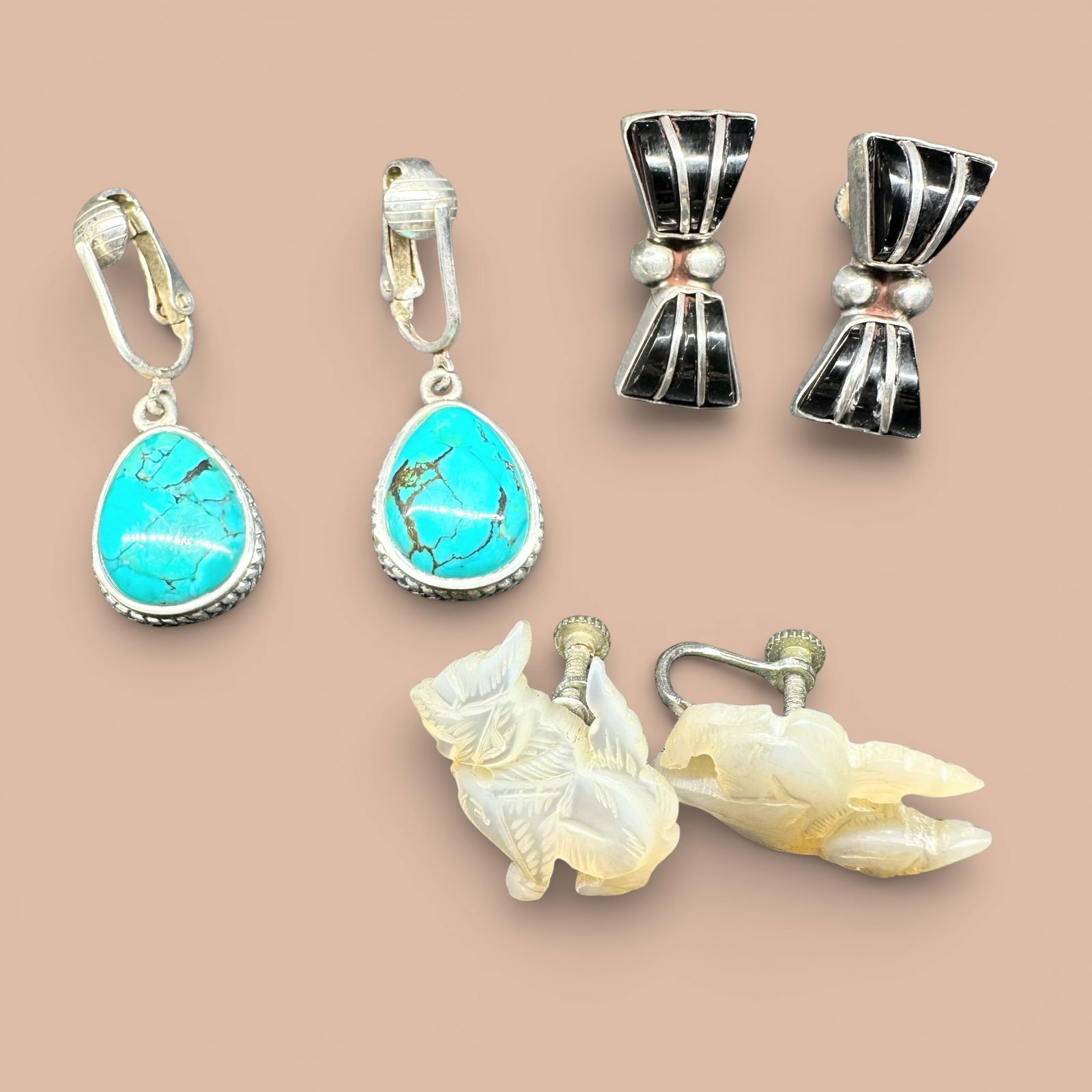 20g Vintage 925 Sterling Silver Mother of Pearl Onyx & Turquoise Earring Lot (1 of 13)