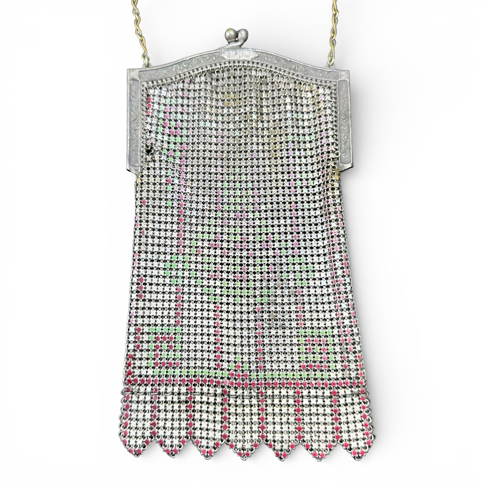 41g Vintage Enameled Metal Mesh Purse: 41g Vintage Enameled Metal Mesh Purse:Brand/Model: Unknown brand.Manufacturer Location: Not marked.Year Produced: Unknown; likely early to mid 20th century.Condition: Fair vintage condition with surfa