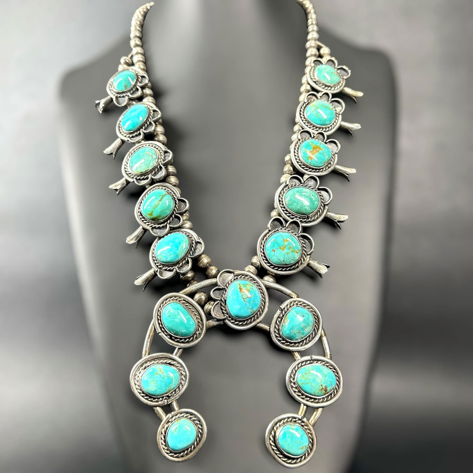 22"/176g Native American Navajo Sterling Silver Turquoise Squash Blossom Necklace (1 of 13)