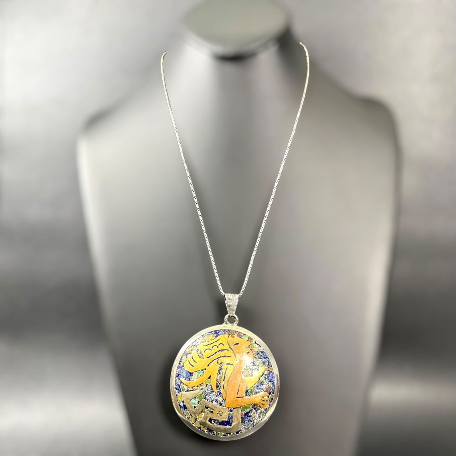 20"/46g ATQ Metales Casados "MCF" Taxco MX 925 Sterling Silver Copper Brass Azurite Inlay Pendant: 20"/46g Antique 1950s Metales Casados "MCF" Taxco MX 925 Sterling Silver Copper Brass Azurite Inlay Pendant Necklace:Brand/Model: Hallmark(s) "MCF;" Anonymous Mexican silversmith. Associated with "Met