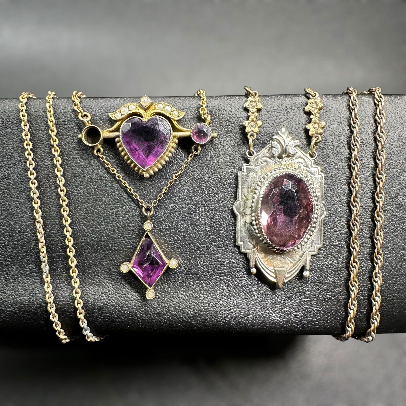 16"/21g Vintage Art Deco Silver & Gold tone Faceted Amethyst Pendant Necklace Lot - 2 Pc (1 of 18)