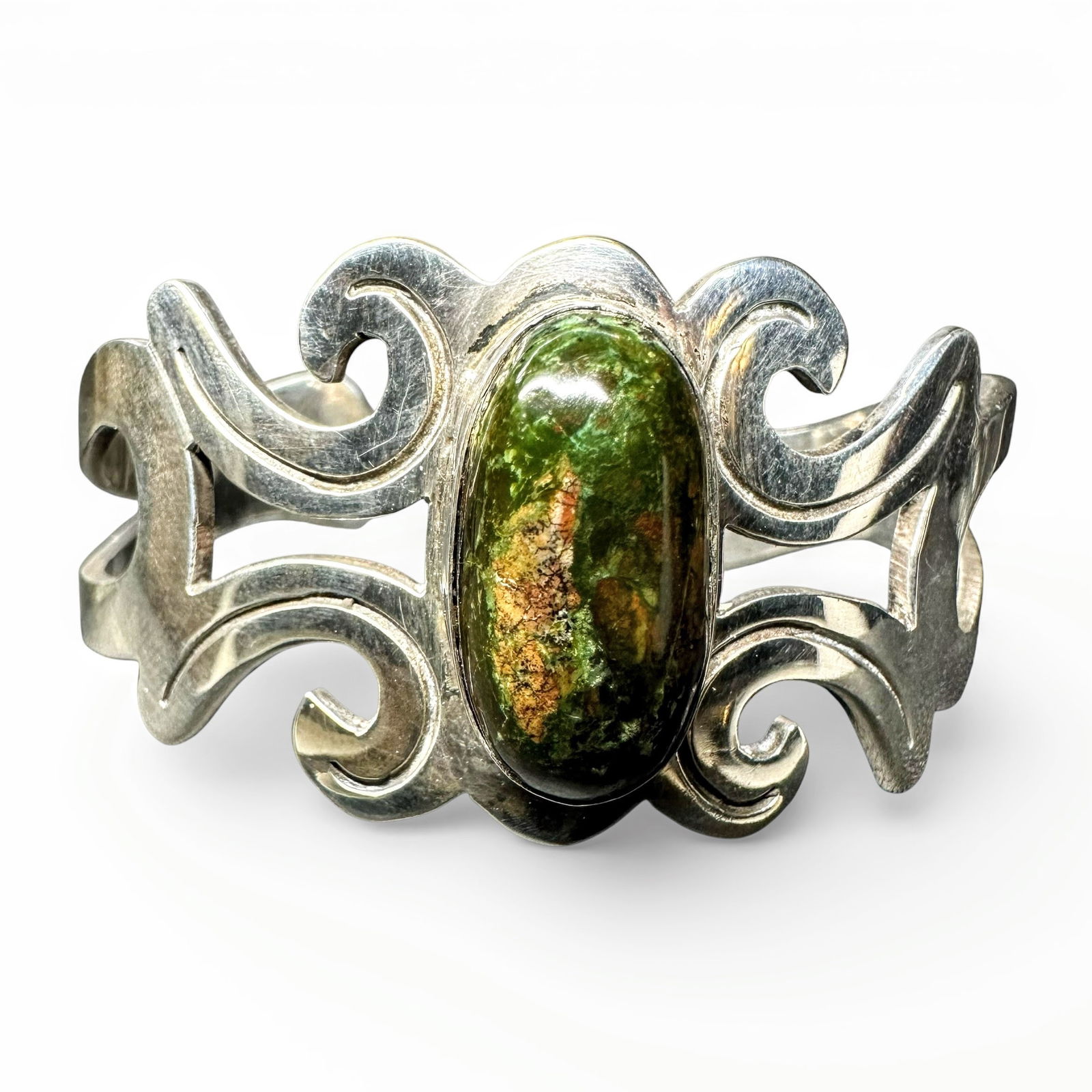 6.5”/42g Vintage Mexican 925 Sterling Silver Green Stone Cuff Bracelet (1 of 11)