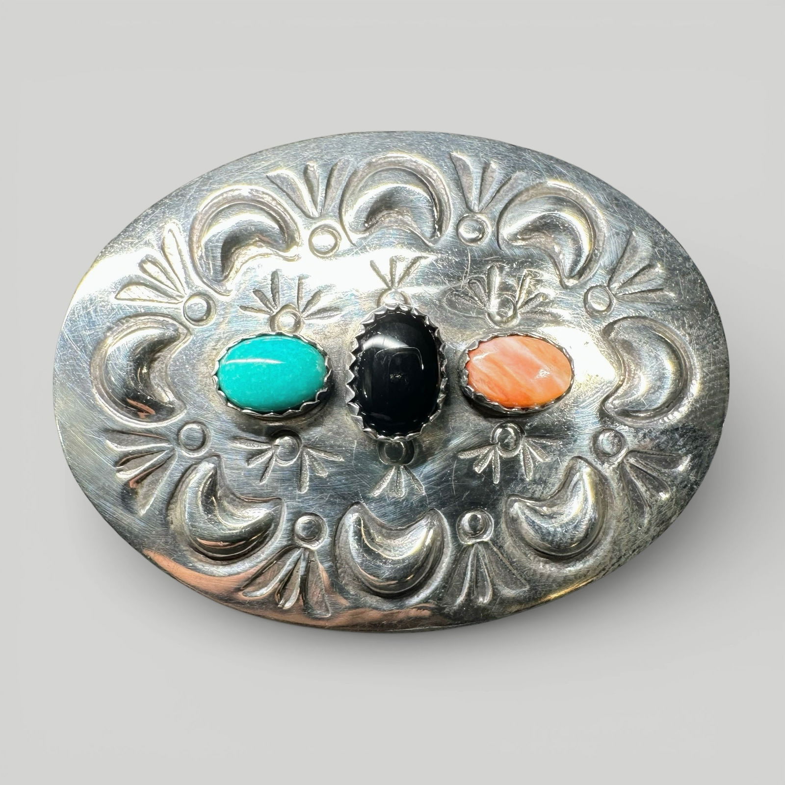 7g Vintage Native American Stamped 925 Sterling Silver Turquoise Onyx Orange Agate Brooch (1 of 9)