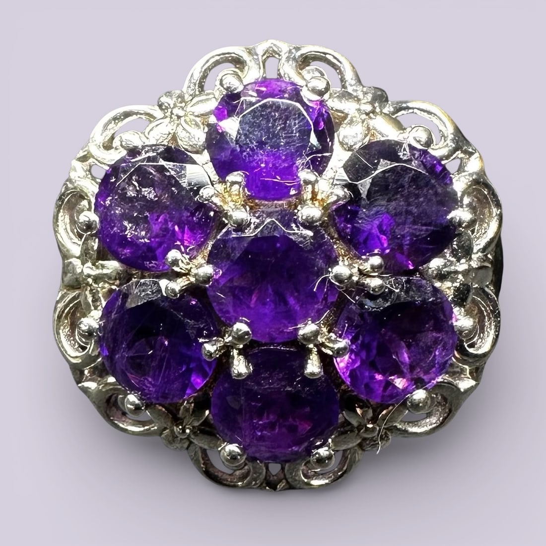 Sz7/5g 925 Sterling Silver Faceted Amethyst Cluster Ring (1 of 10)