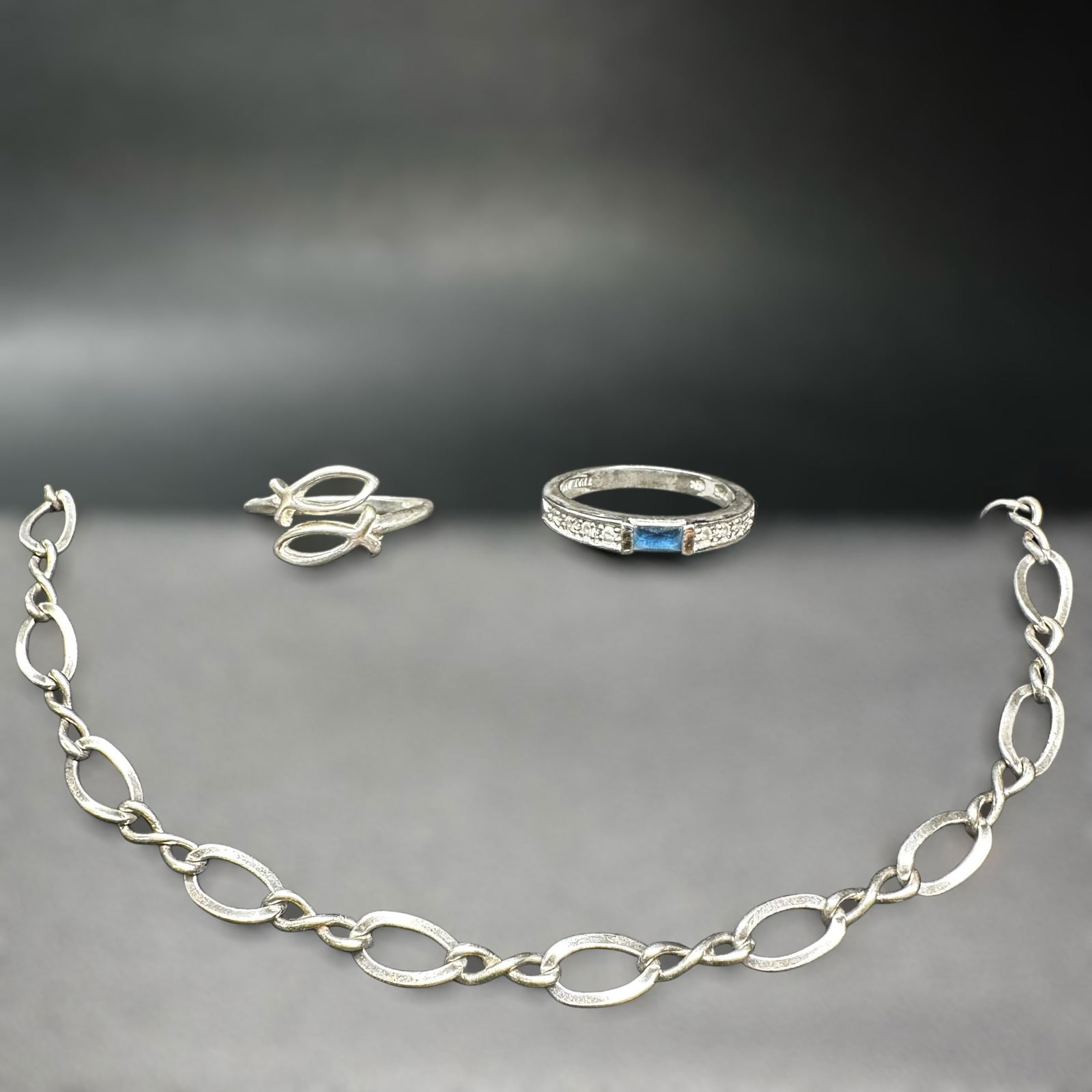 7.75”/Sz7/Sz7.25/8g Sterling Silver Marcasite & Faceted Blue Stone Jewelry Lot - 3 Pc (1 of 14)