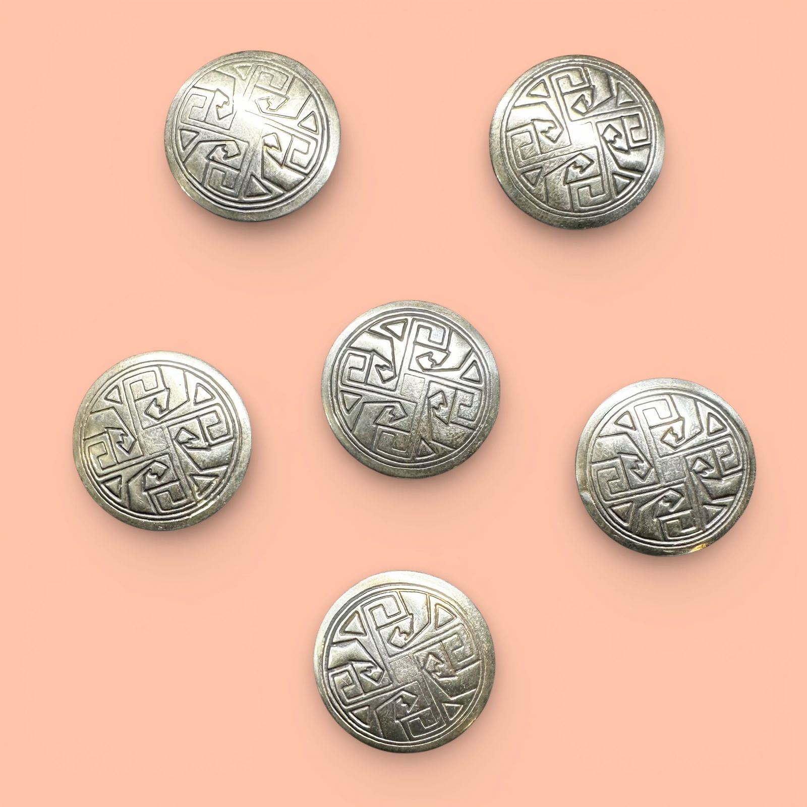22g Vintage Native American Sterling Silver Button Set: 22g Vintage Native American Sterling Silver Button Set:Brand/Model: No hallmark; unmarked Native American style sterling silver buttons; geometric motif.Manufacturer Location: Not marked.Year Produced