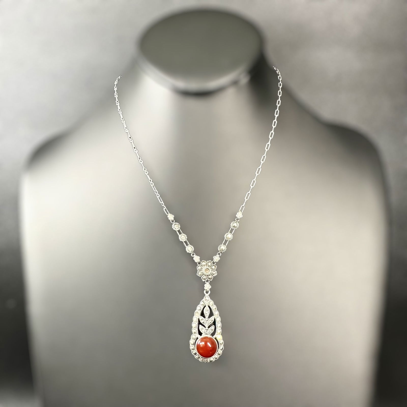 16"/8g Vintage 925 Sterling Silver Carnelian Marcasite Pendant Necklace (1 of 11)