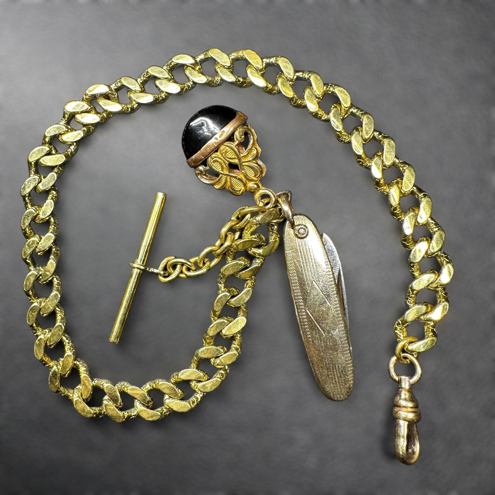 13”/46g Vintage Amethyst Gold Plated Watch Chain Knife Fob (1 of 14)