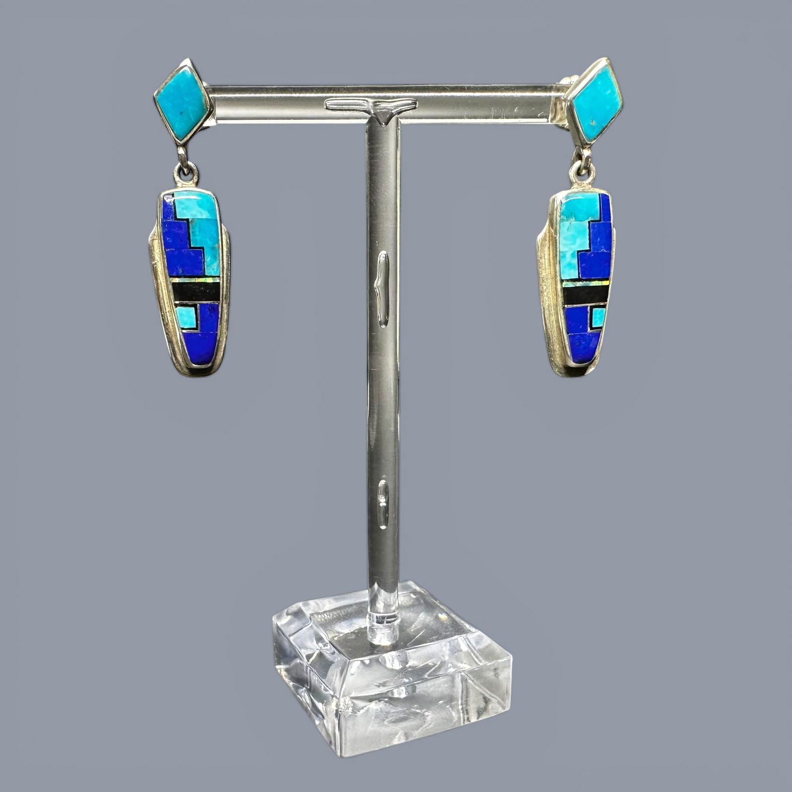 10g Native American Navajo Julius Burbank Sterling Silver Lapis Onyx Opal Turquoise Inlay Earrings (1 of 9)