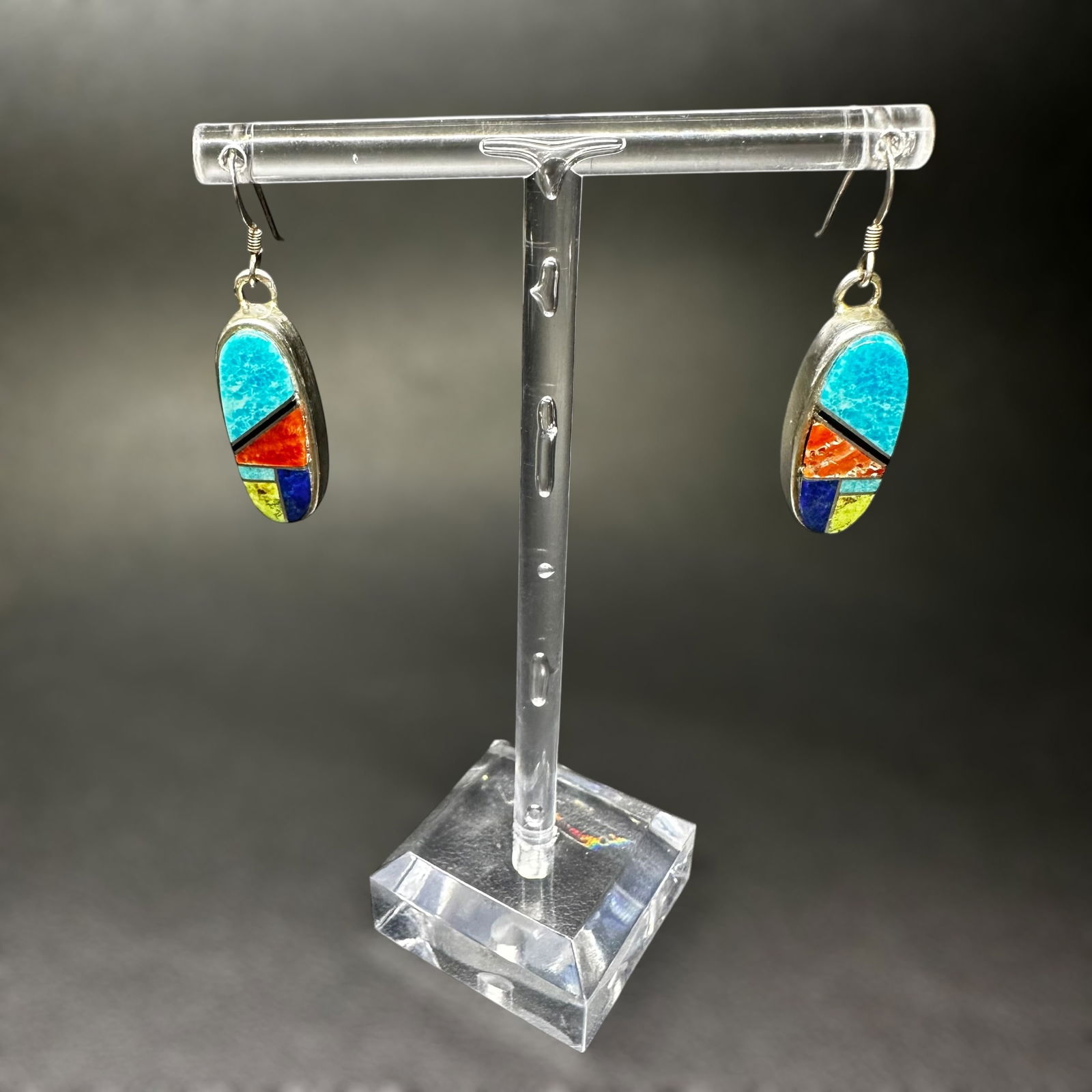 4g Native American Navajo Arlene Lewis 925 Sterling Silver Multi-Stone Inlay Dangle Earrings (1 of 8)