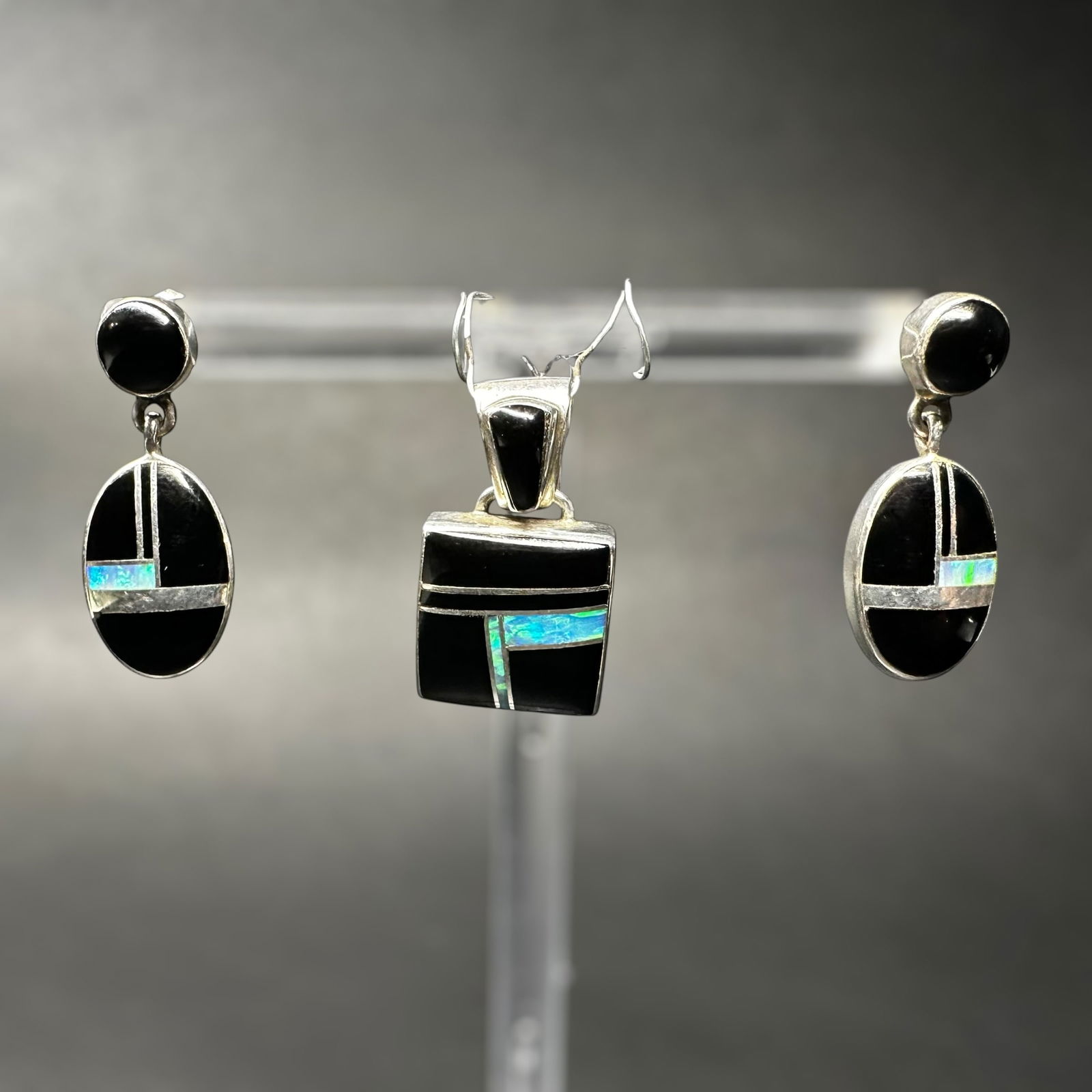 10g Native American 925 Sterling Silver Opal & Onyx Inlay Set (1 of 9)