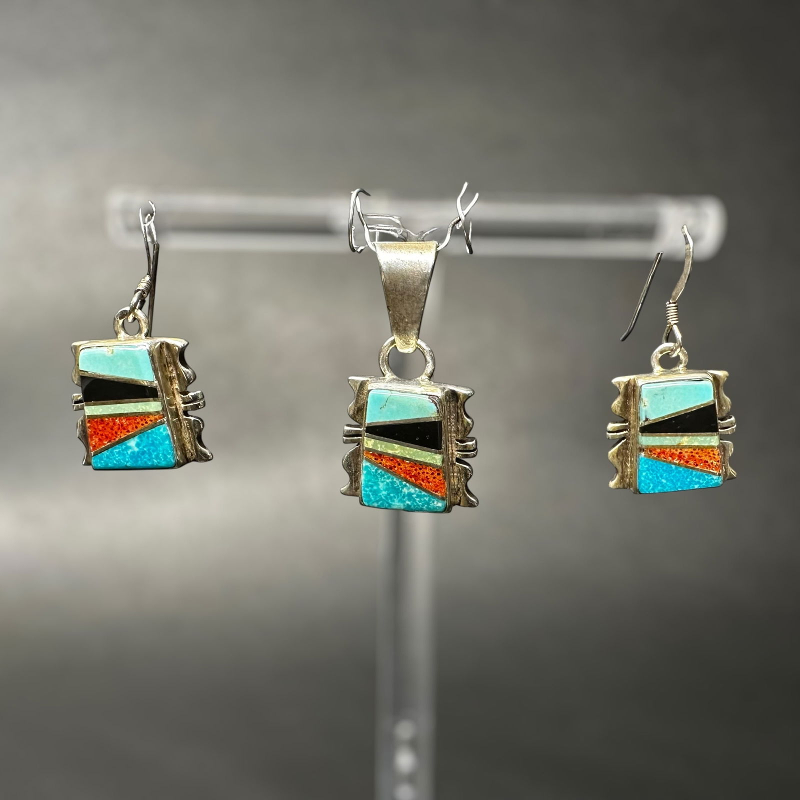 10g Native American 925 Sterling Silver Turquoise Onyx Coral Inlay Set (1 of 8)