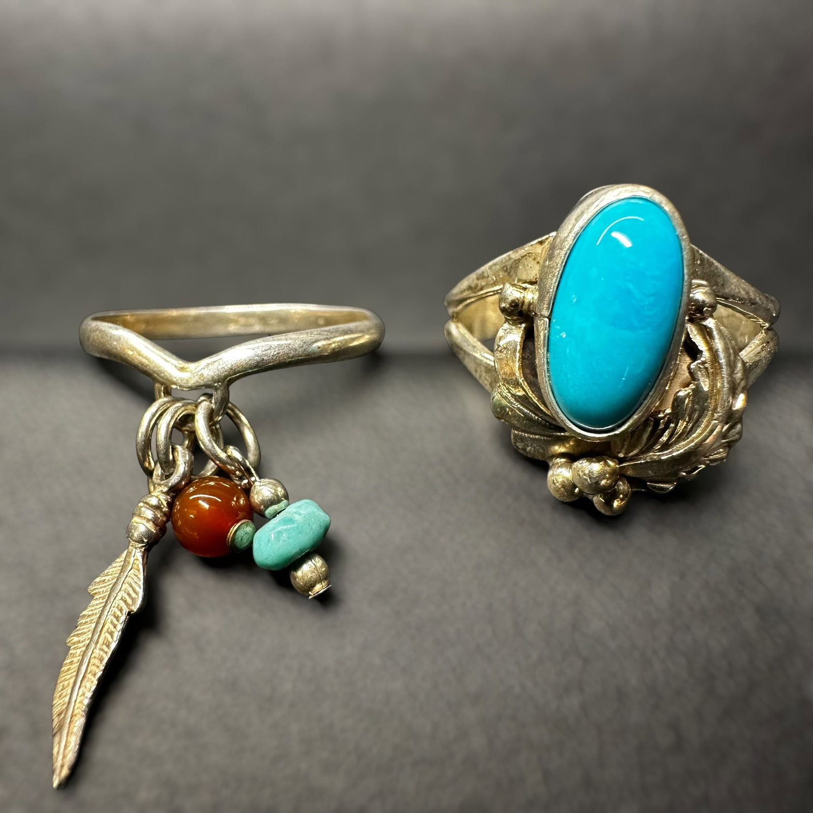 Sz7.75/Sz8/7g Native American Turquoise Carnelian 925 Sterling Silver Ring Lot - 2 Pc (1 of 11)