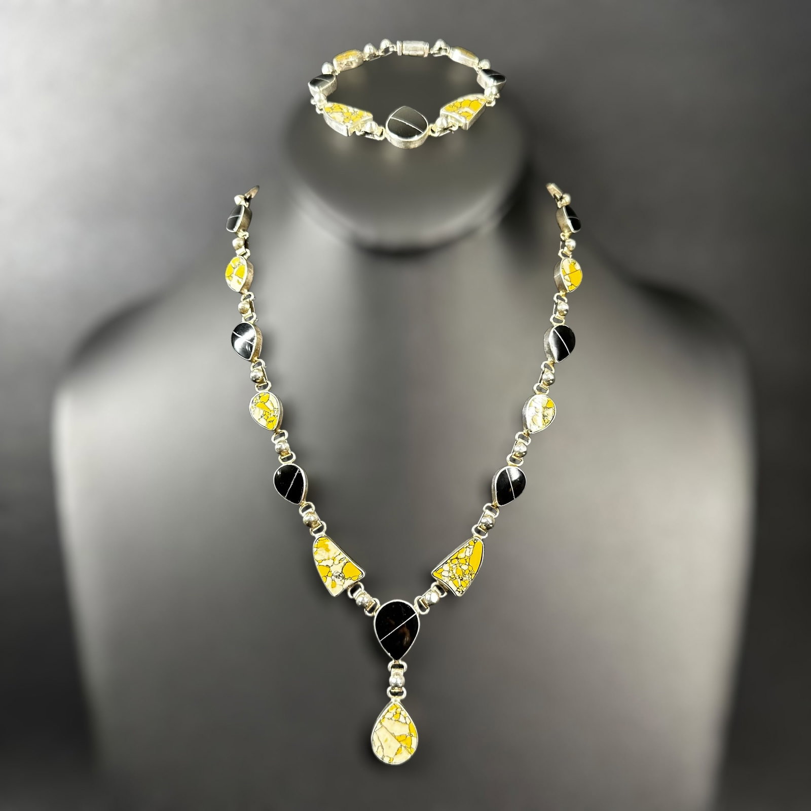 16”/Sz7/44g Taxco Mexico 925 Sterling Silver Onyx & Maligano Jasper Set - 2 Pc (1 of 9)