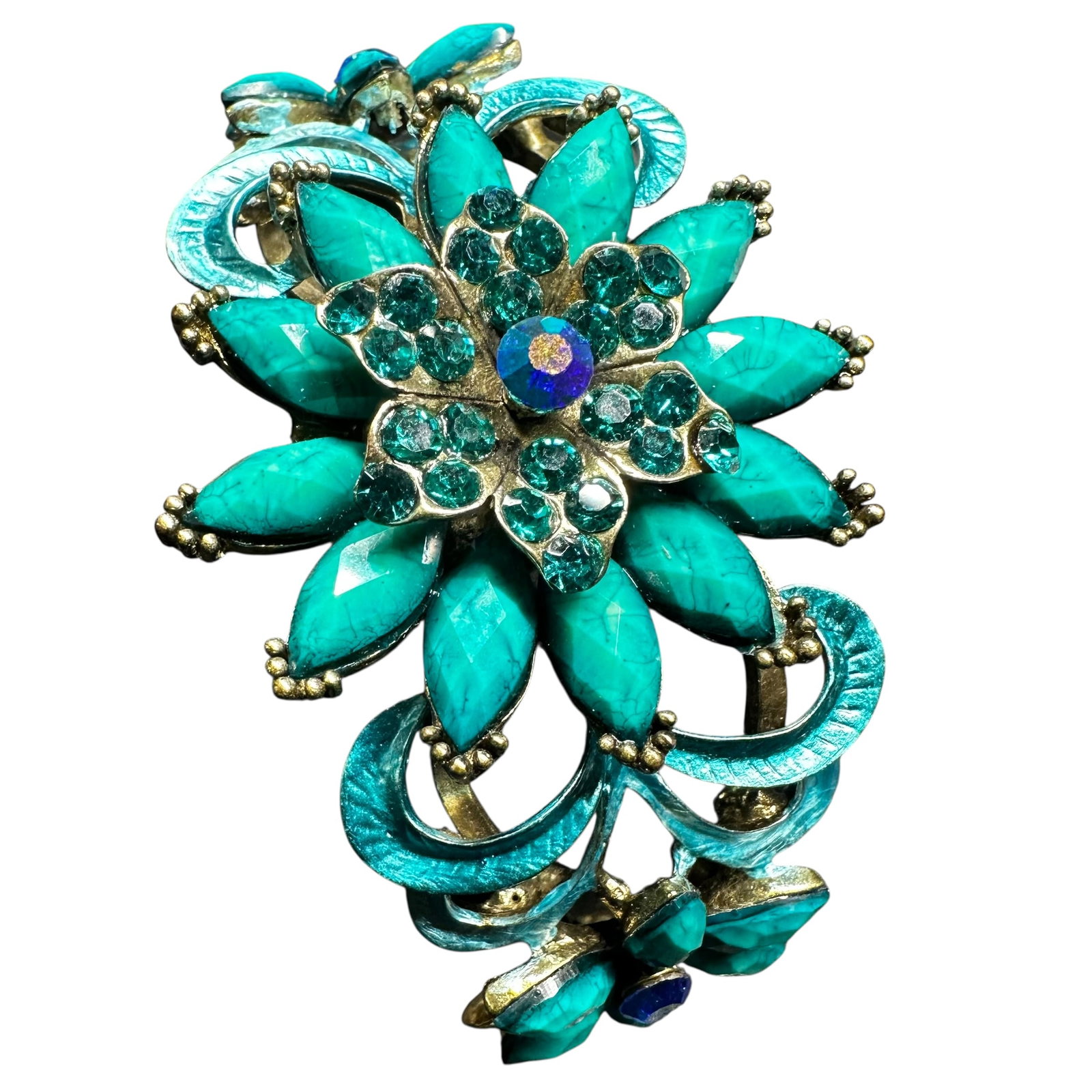 7"/56g Faceted Turquoise Rhinestone Enamel Floral Cuff Bracelet: 7"/56g Faceted Turquoise Rhinestone Enamel Floral Cuff Bracelet:Brand/Model: Unknown brand.Manufacturer Location: Not marked.Year Produced: Unknown.Condition: Good condition with surface wear and mino
