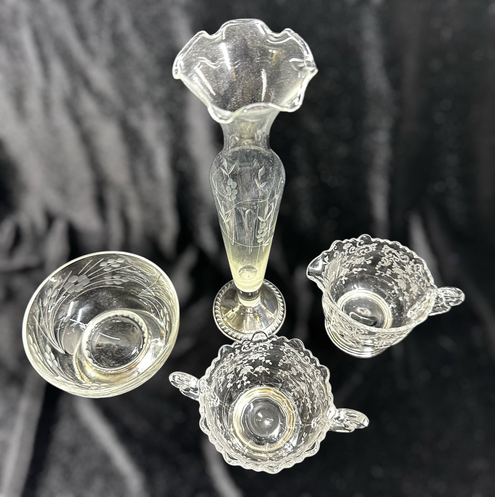 741g Antique Sterling Silver & Etched Glass Table Set (1 of 20)