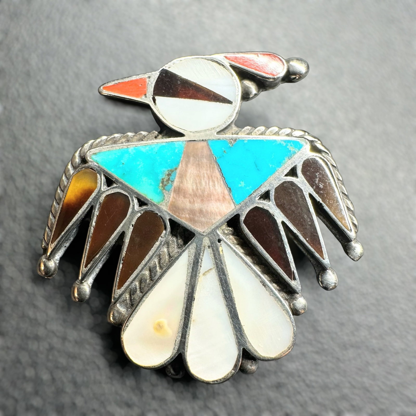 6g Native American Sterling Silver Multi-Stone Inlay Thunderbird Brooch (1 of 8)