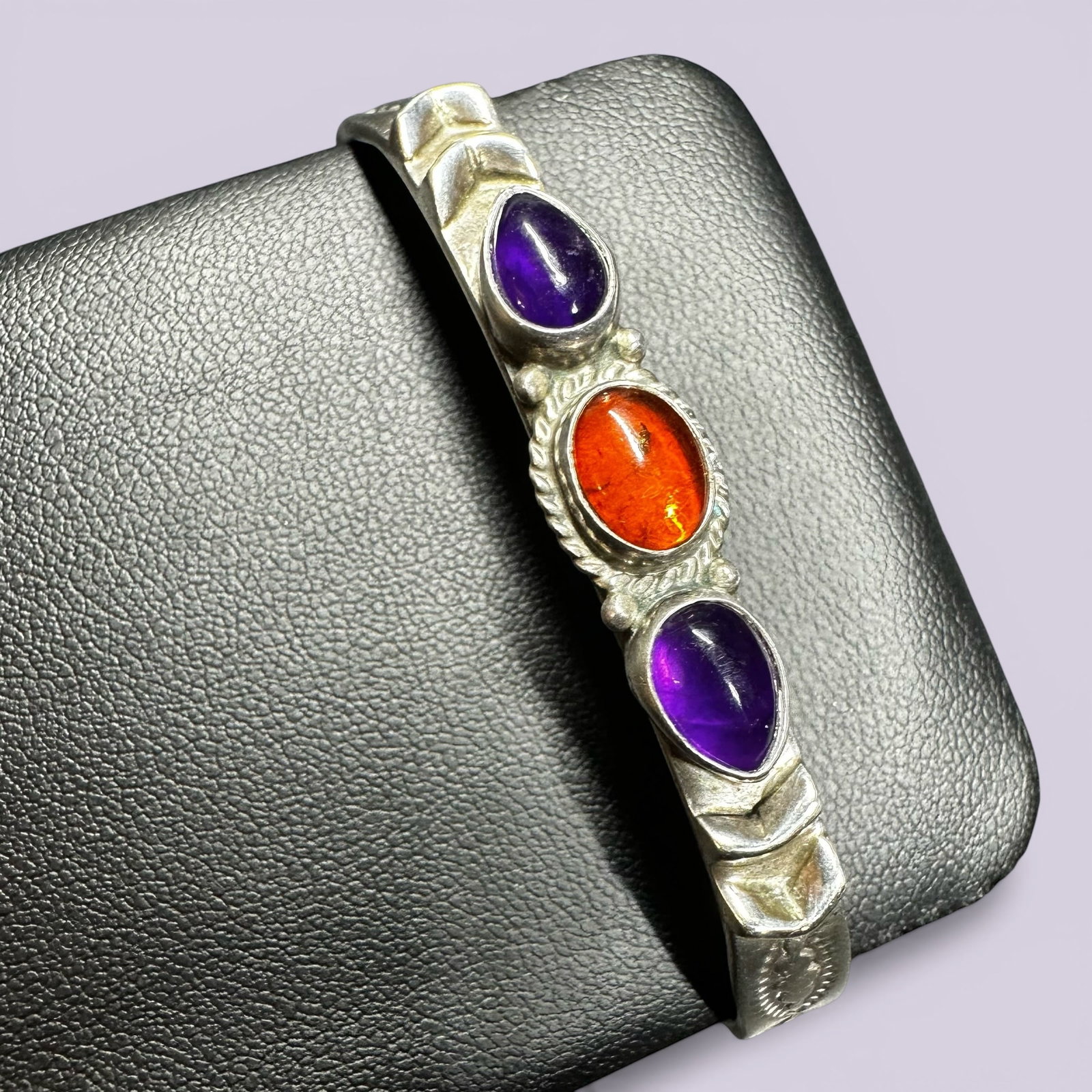 6.5"/18g 925 Navajo Tom Taylor Sterling Silver Amber Amethyst Cuff Bracelet (1 of 9)