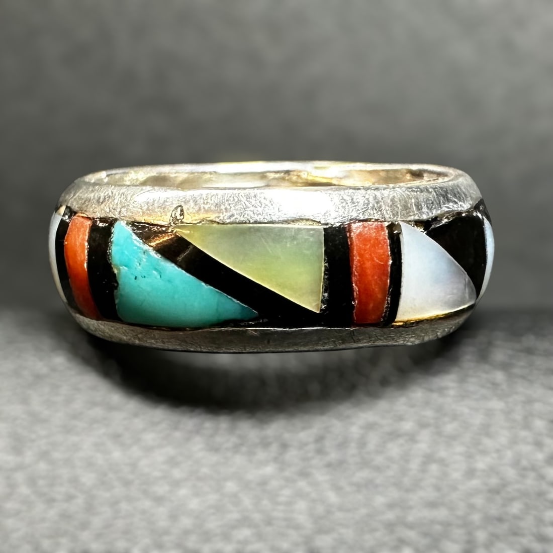 Sz4.75/4g Zuni John and Rosalie Bowannie Sterling Silver Multi-Stone Inlay Band (1 of 6)