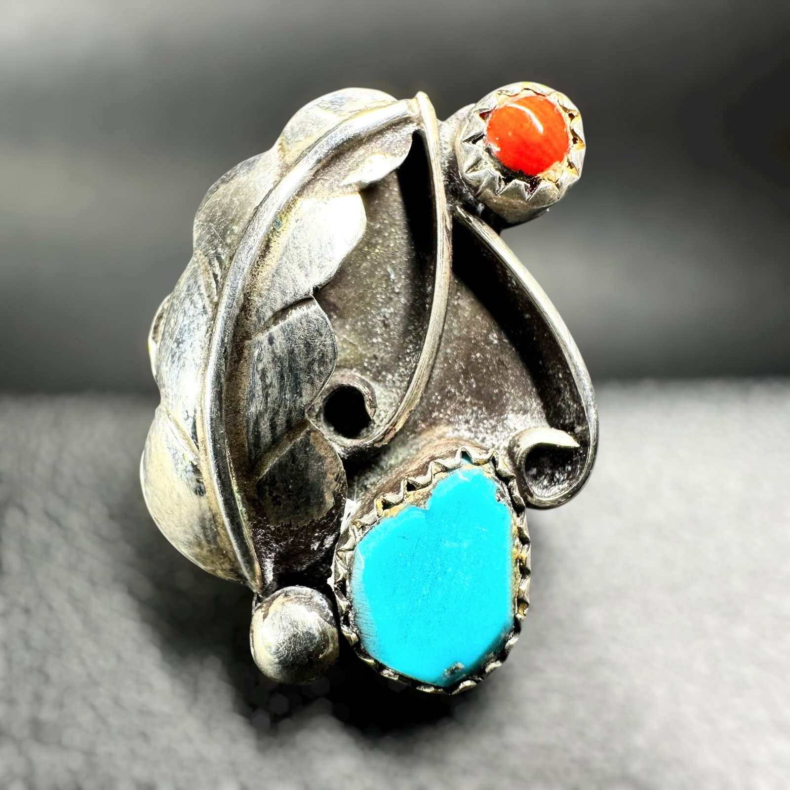 Sz6.5/3g Native American Sterling Silver Sleeping Beauty Turquoise & Coral Ring (1 of 7)