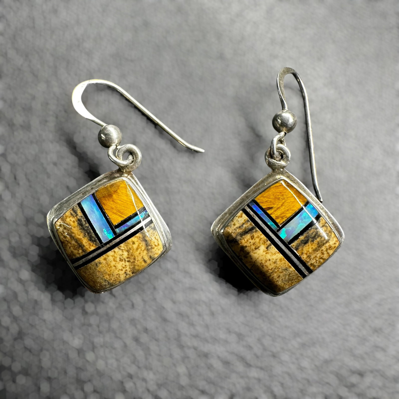 4g Navajo Evelyn Abeita Sterling Silver TIger's Eye Picture Jasper Opal Onyx Earrings (1 of 7)