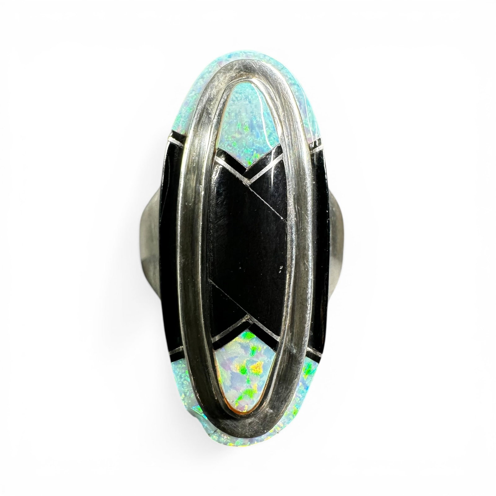 Sz8/15 Native American Navajo Calvin Begay Sterling Silver Opal Onyx Inlay Ring (1 of 8)