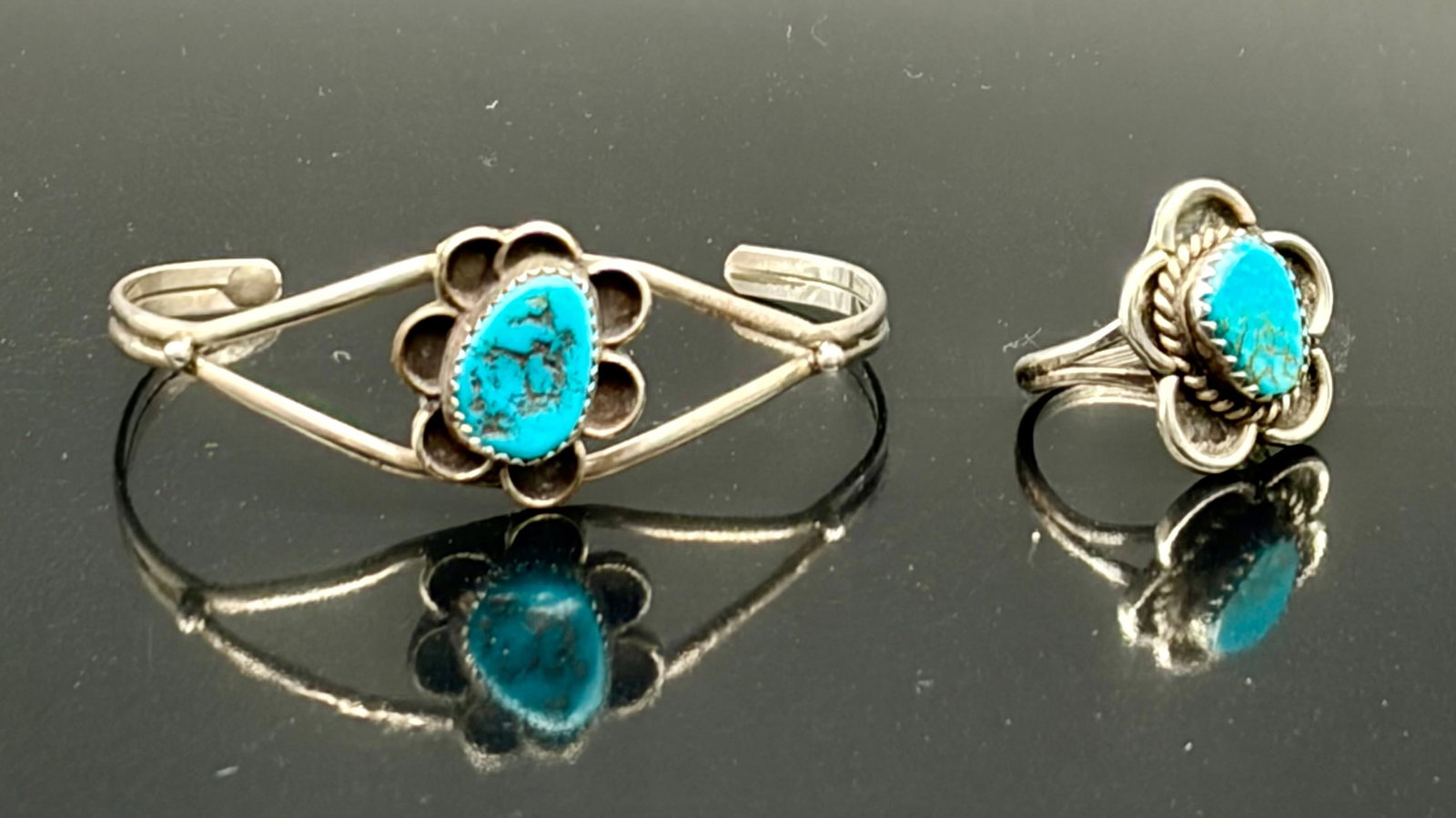 Vintage Sterling Silver Turquoise Cuff Bracelet & Ring Set – Southwestern Floral Design (1 of 7)