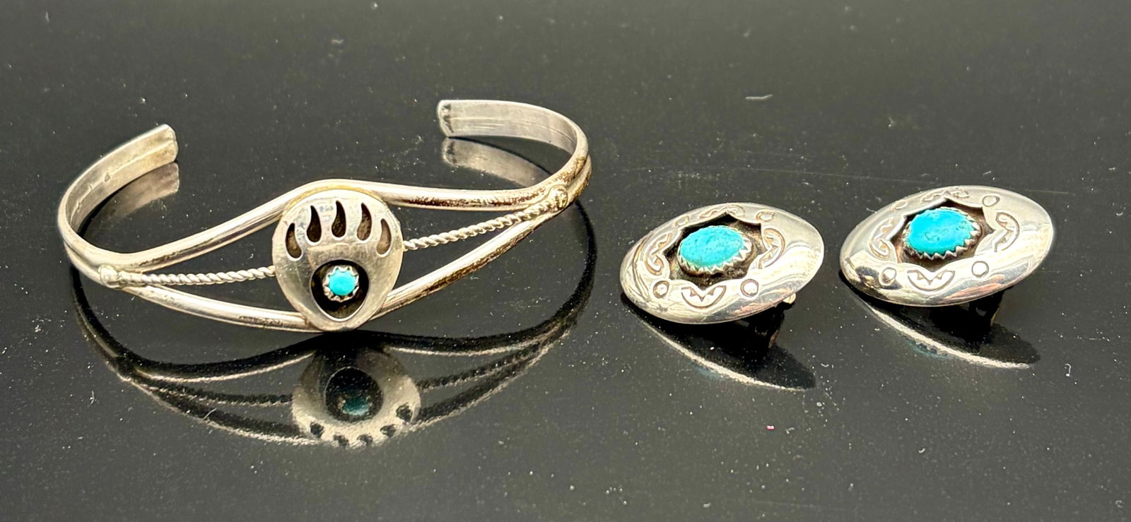 Sterling Silver Bear Paw Turquoise Cuff Bracelet & Matching Concho Earrings – Southwestern Set (1 of 8)