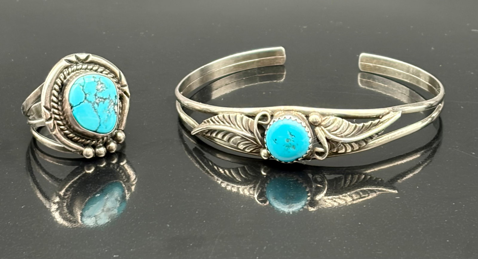 Sterling Silver Turquoise Bracelet & Ring Set – Feather Motif Cuff with Matching Ring (1 of 8)