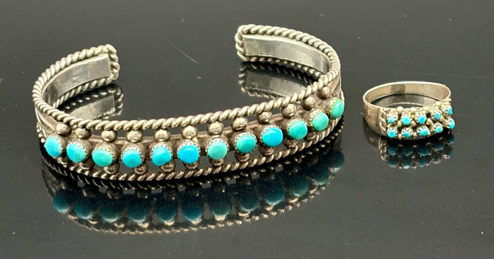 Vintage Sterling Silver Turquoise Cuff Bracelet & Matching Ring Set (1 of 10)