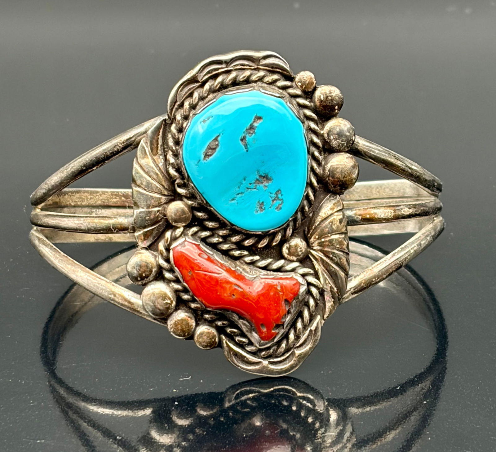 Vintage Southwestern Sterling Silver Cuff with Turquoise & Coral (1 of 5)